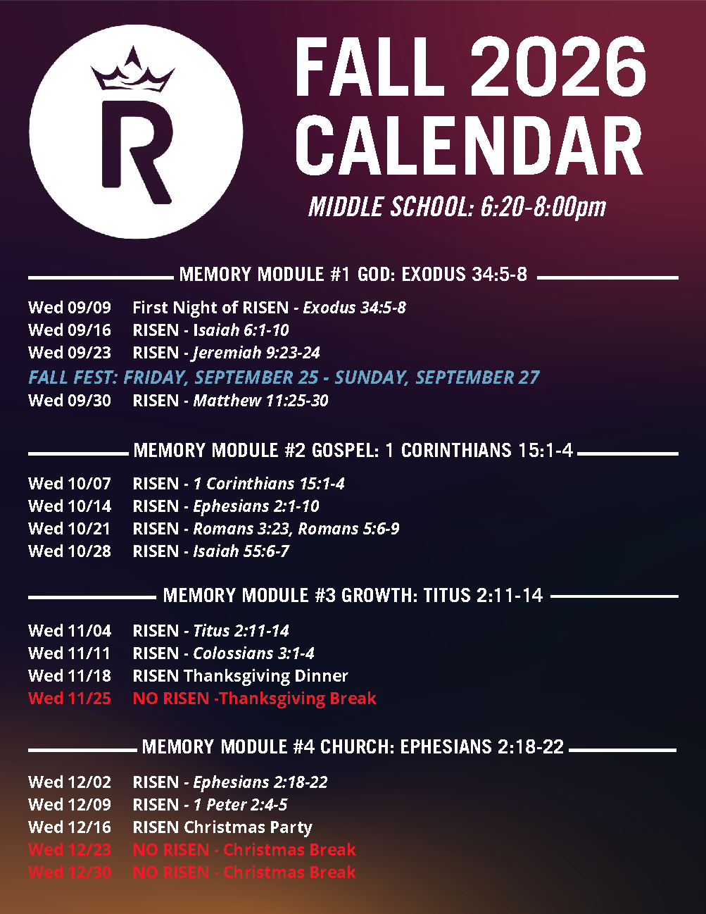 2026 RISEN FALL CALENDAR - Middle School